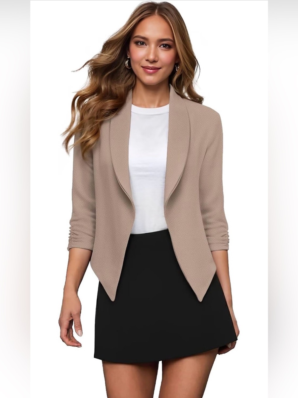 NWT Hybrid & Company Beige Ruched 3/4 Sleeve Open Front Blazer Plus Size 4X
